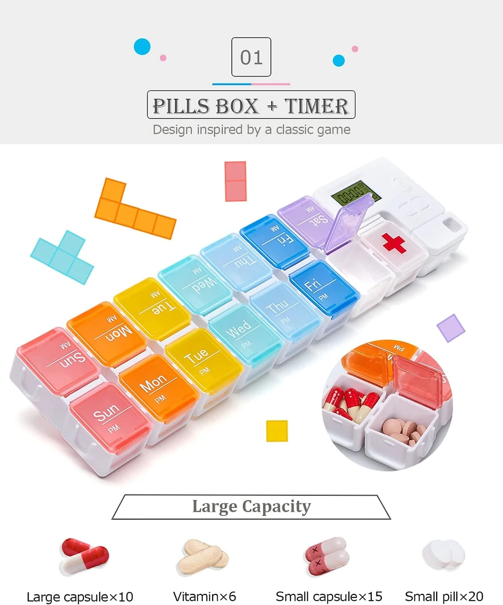 7-Day Pill Organizer with Medicine Reminder Alarm Weekly Large Capacity Vitamin Box Organizer AM PM Daily Travel Medication Box