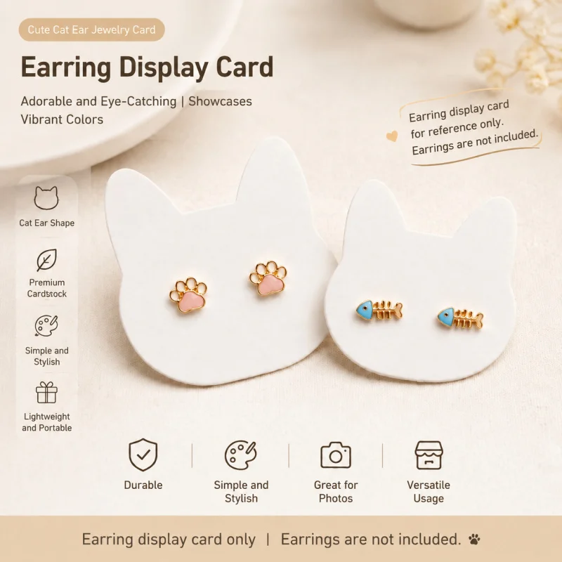 

YunHePKG 100Pieces/200Cute cat headpiece and earring display card、White paper earring and stud card holder、Cute cat-shaped card