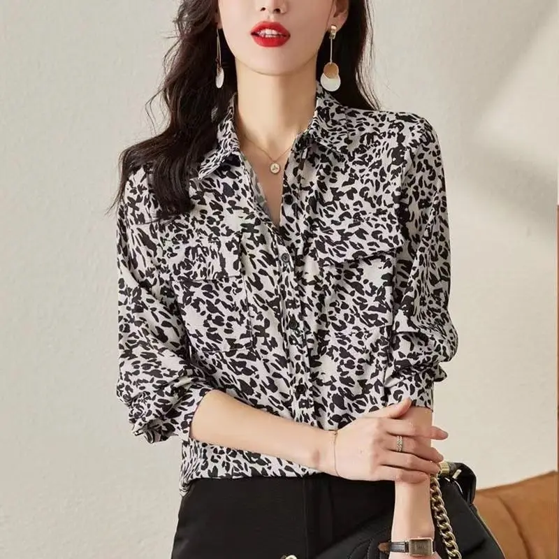 2023 Spring Autumn New Fashion Leopard Print Chic Street Button Up Shirts Casual Simple Long Sleeve Loose Tops Blouses for Women