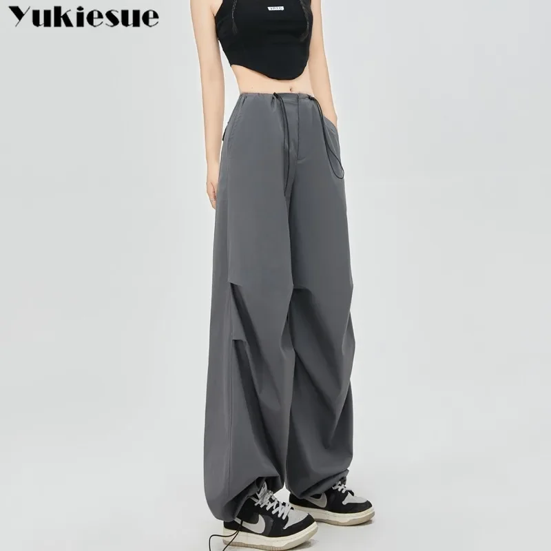 

Y2K Уличная одежда в американском стиле, сексуальные свободные повседневные брюки на шнурке, однотонные простые брюки с низкой талией, винтажные женские брюки-карго