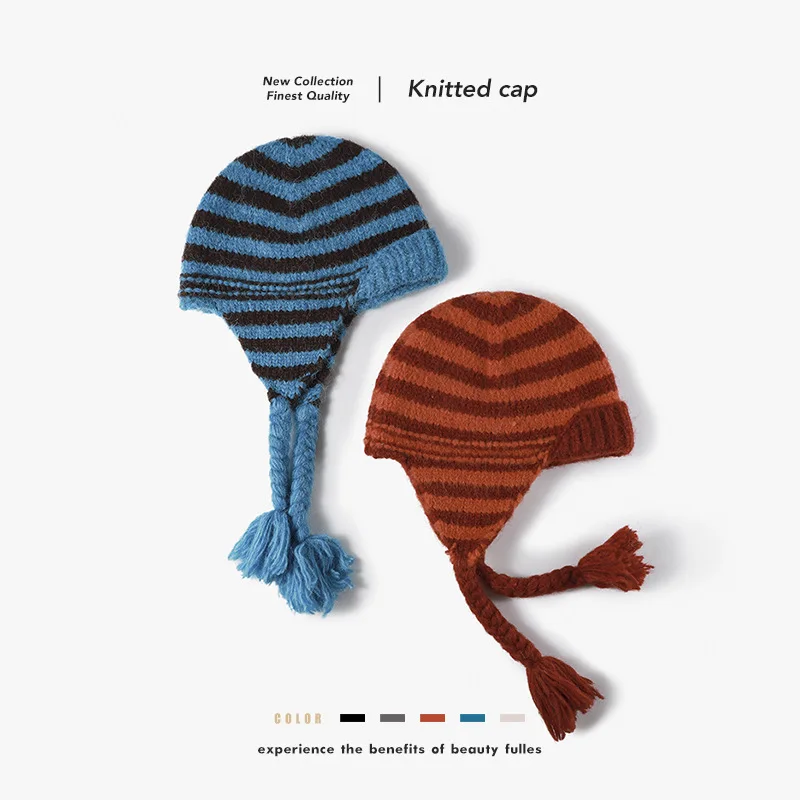 Women Autumn Winter Striped Ear Flaps Knit Bomber Hat Wool Blend Braid Ties Soft Warm Cute Beanie Hat Female Knitted Skull Cap