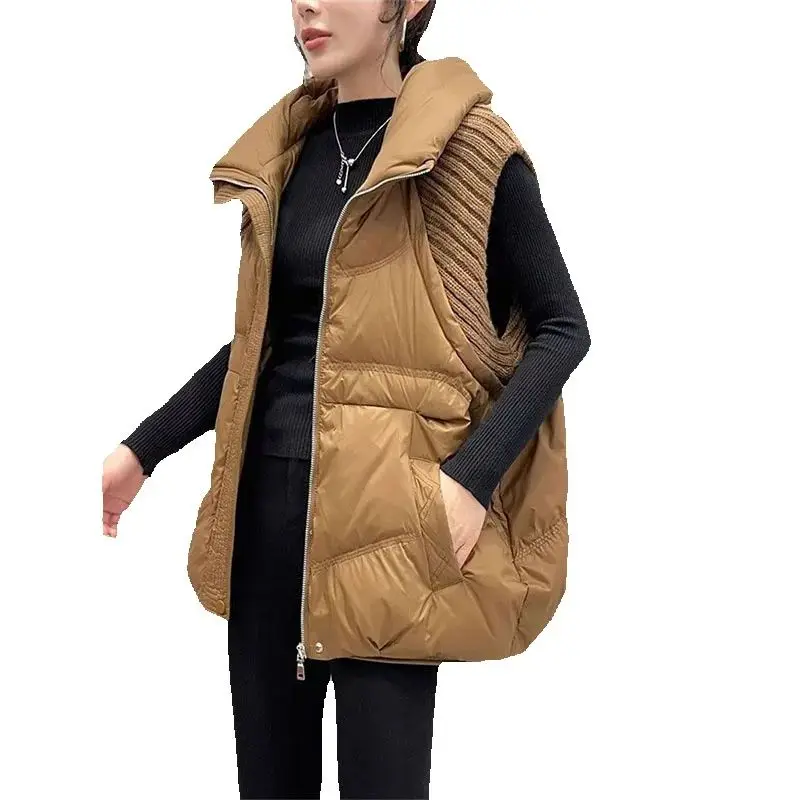 

Knitted Hooded Sleeveless Down Cotton Vest Jacket Autumn Winter Cotton Waistcoat Overcoat Parkas 2025 New Splicing Vests Women