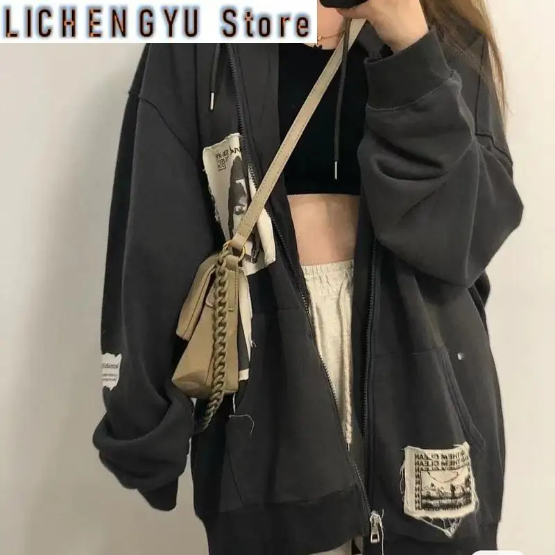 

New Zip Up Hoodie Grunge Aesthetic Clothes Oversized Sweatshirt with Zipper Vintage Tops Kawaii Coat Spring Autumn Streetwear