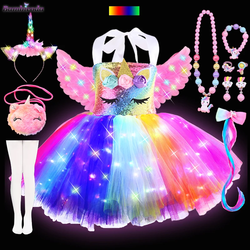 Girls Unicorn Dresses Christmas Kids LED Lights Sequin Pastel Rainbow Birthday Party Tutu Dresses Shiny Princess Cosplay Costume