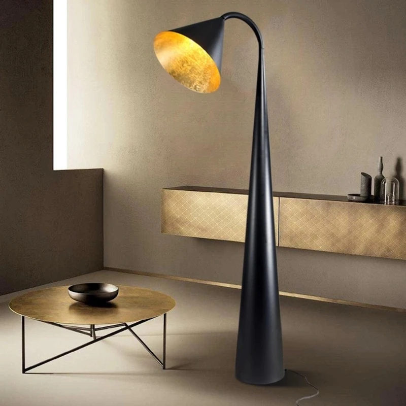 

Minimalist living room, floor lamp next to sofa, designer, high-end sense, decorative atmosphere, gold foil fishing lamp