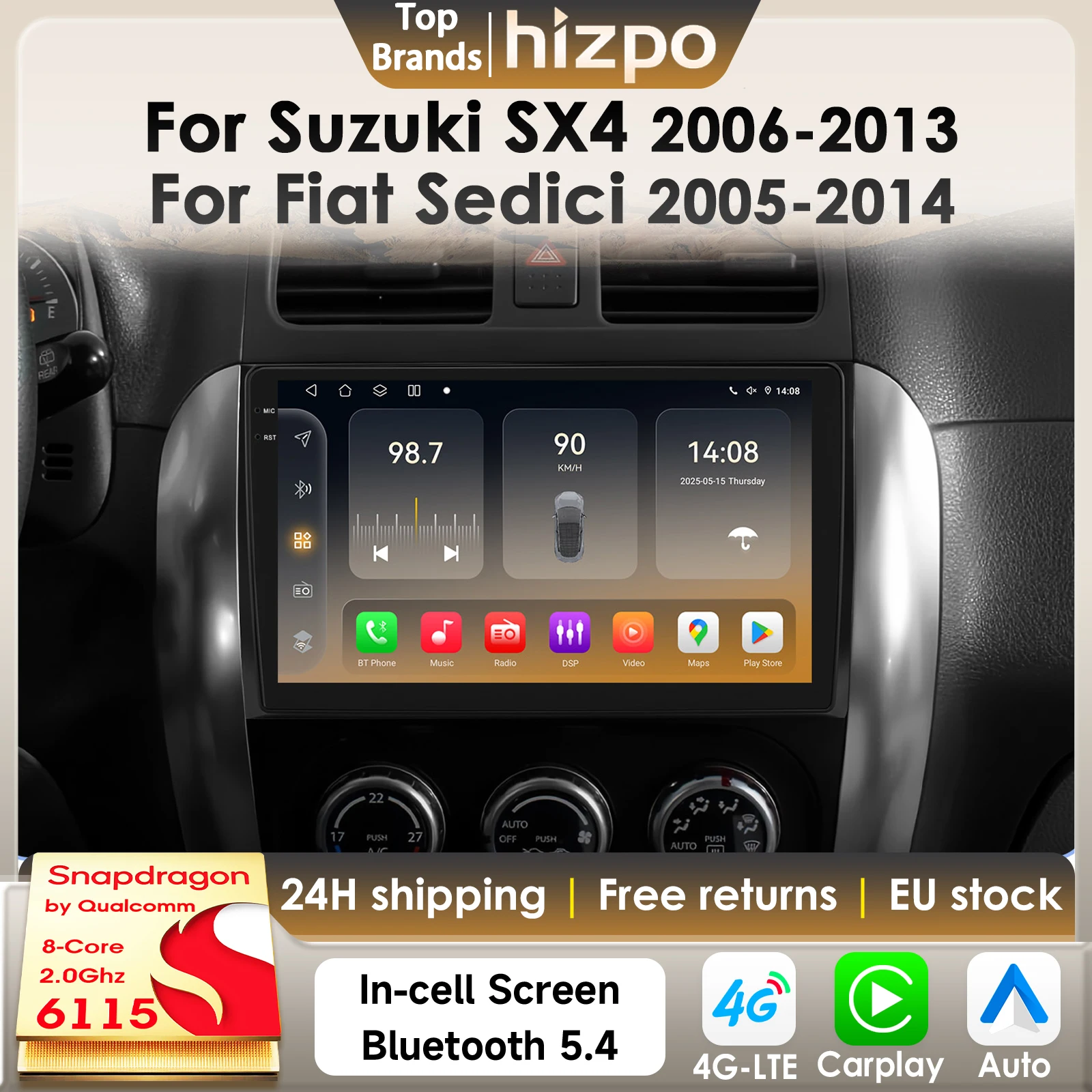 Hizpo 360 Kamera 2Din Android 14 Auto Radio Für Suzuki SX4 2006-2013 Für Fiat Sedici 2005-2014 auto Multimedia GPS 4G Carplay 6115