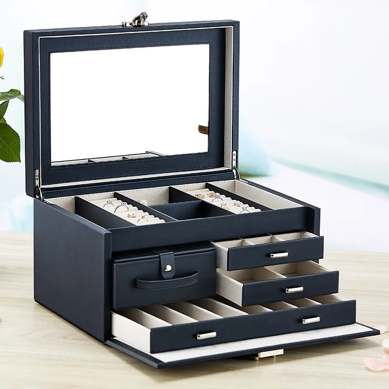

Luxury Jewelry Box Jewellery Earrings Storage Cases Drawer Necklace Display Tray Watches Bracelet Organizer Boxes with Mirror