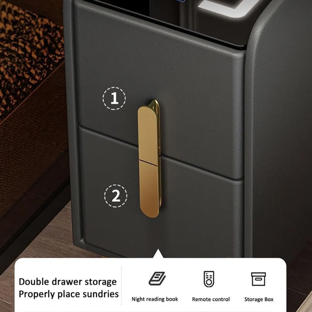 زوج من طاولات السرير الحديثة مع إضاءة قابلة للتعديل ومحطات شحن، ومنضدة مزدوجة لتنظيم غرفة النوم