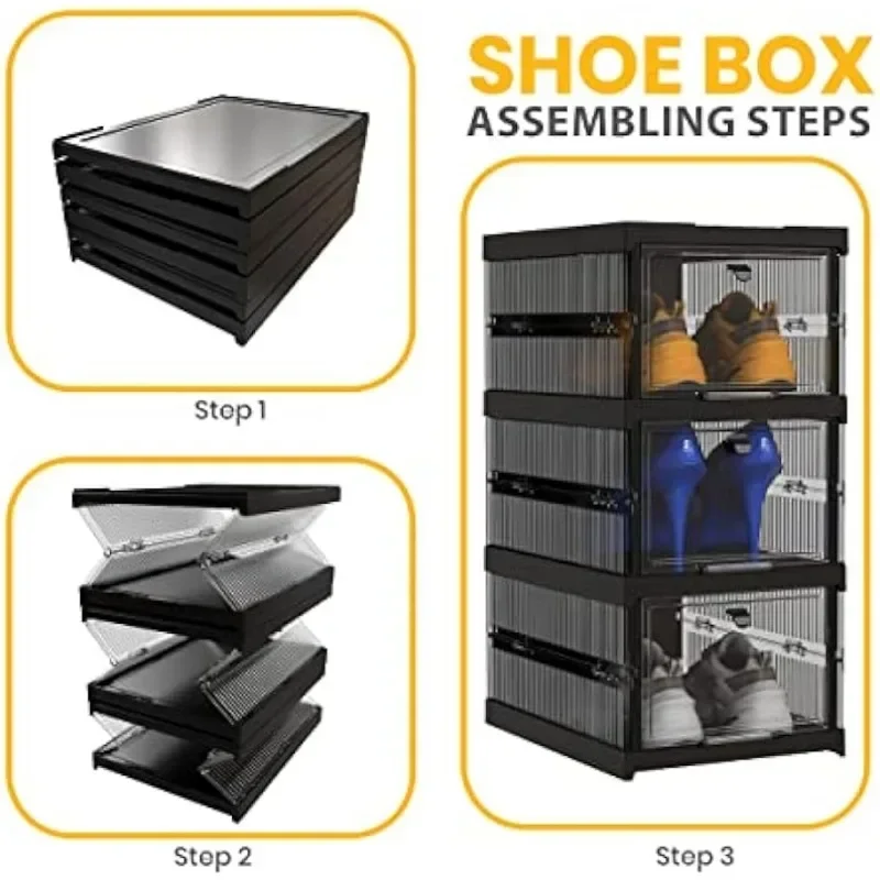 Solid Plastic Not Flimsy 5 Layers Foldable Shoe Storage Boxes or Sneaker Storage Boxes - Easy Installation- All-in-One Black