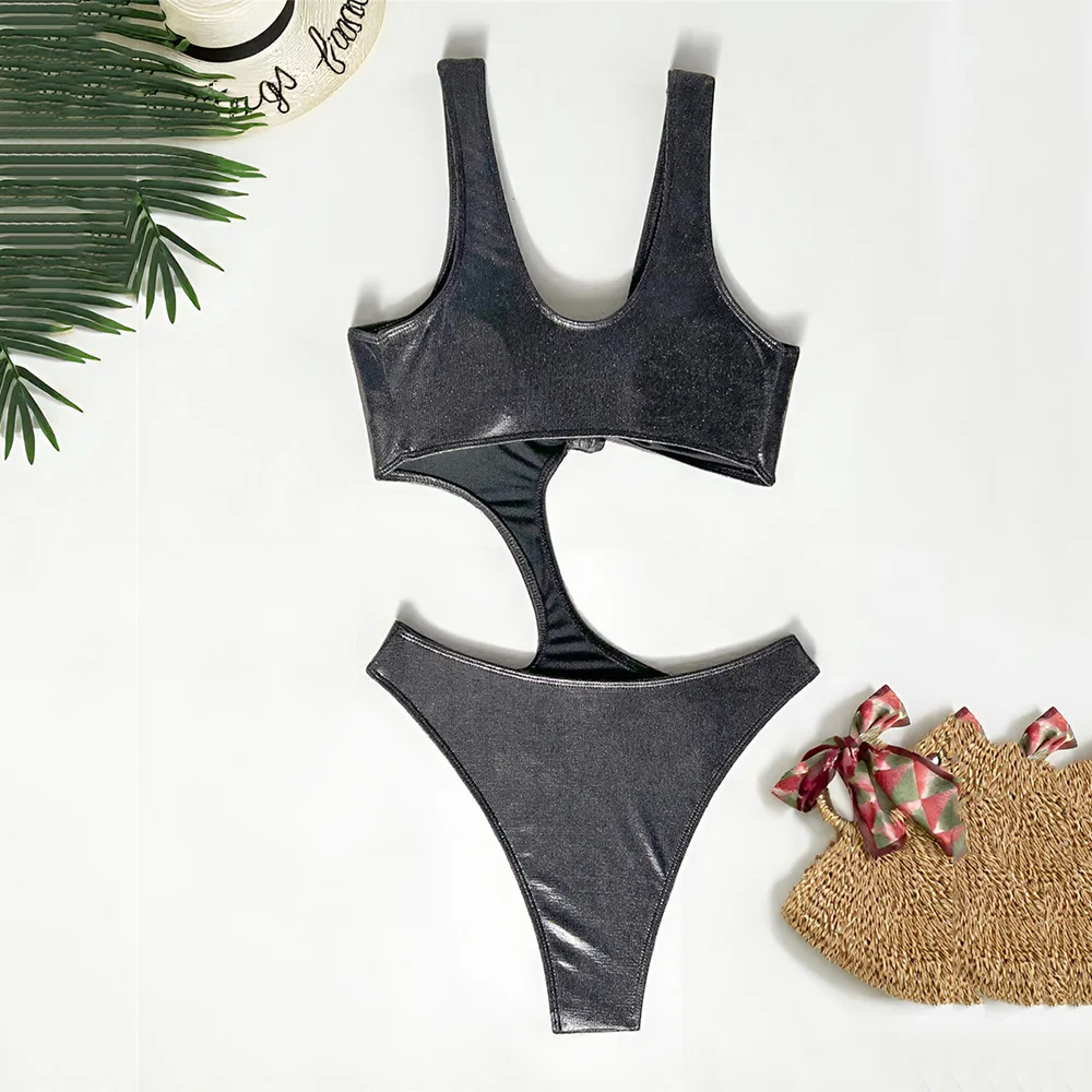 Silver Black Shiny Sexy Swimsuit Woman One Piece Knotted Swimwears 2026 Hollow Out Monokini High Cut Swimming Bathing Suit Wear