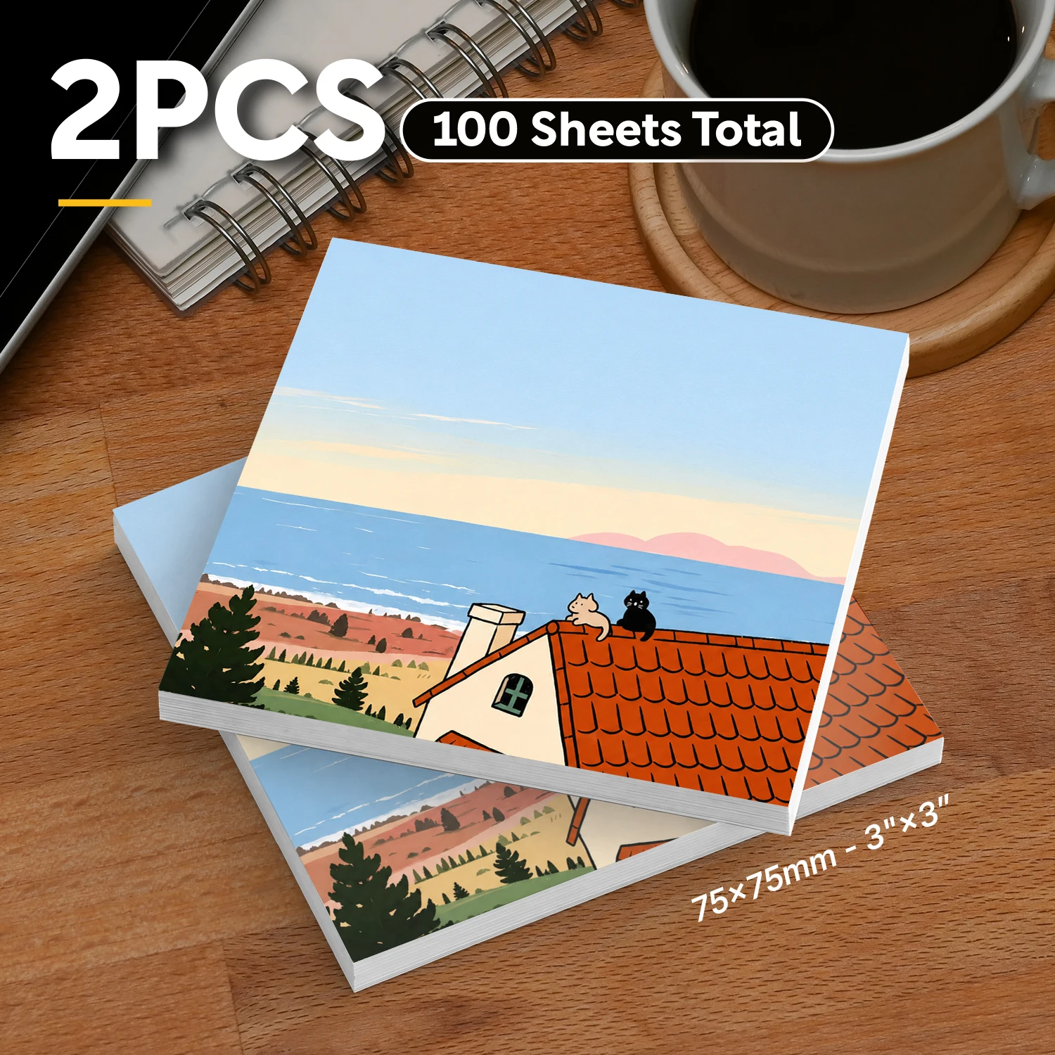 2pcs Cute Cat Sticky Notes Set, Seaside Rooftop Landscape Aesthetic Self Stick Memo Pads, 100 Sheets Total, Cartoon Animal Scene