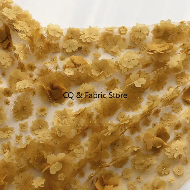 Yellow 3D Embroidered Floral Mesh Lace Fabric for Wedding Dresses, Cheongsams, and Designer Apparel By The Yard