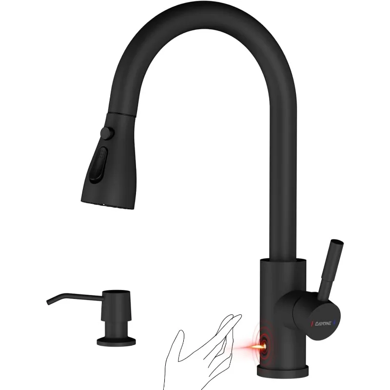 Contactless Kitchen Sink Faucet with Pull-down Sprayer and Soap Dispenser, Black 3-mode Motion Sensor Free Handle