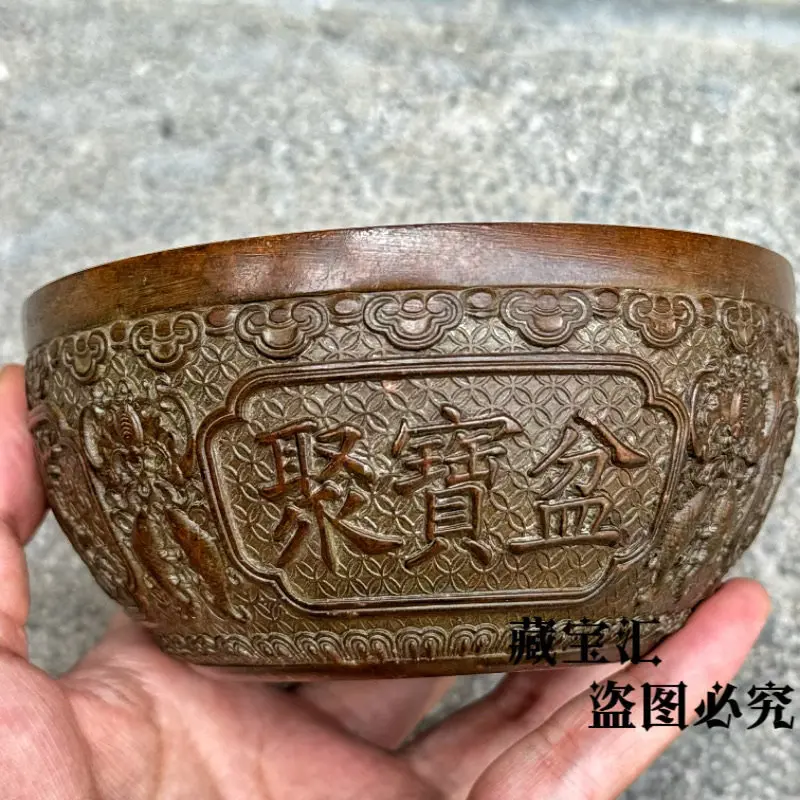 Old Collection Large Relief Zhaocai Qilin Cornucopia Statue Qianlong Unearthed Purple Bronze Patina Town House Copper Bowl