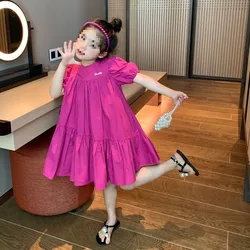 New Girls Dress 2024 Childrens Loose Sweet Gentle and Cute Little Girl Rose Red Solid Cotton Dress Princess Dress for Girls