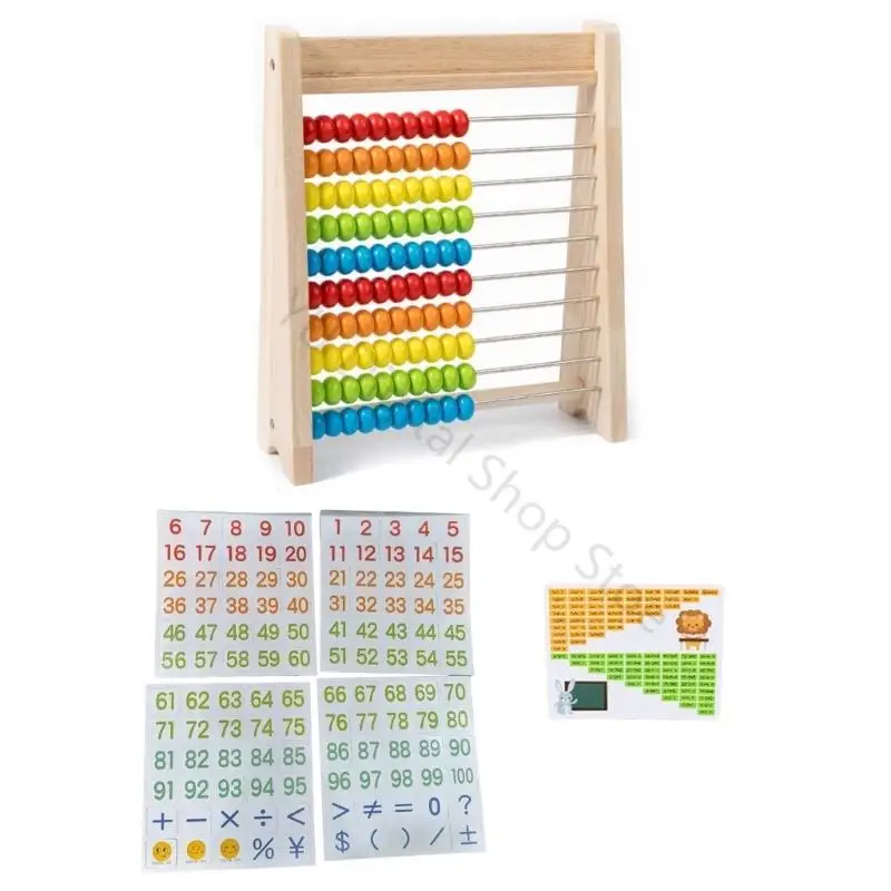 96BA Interactive Math Learning Tool Wooden Abacus With Colored Counting Beads Number Cards And Operations Table For Toddler