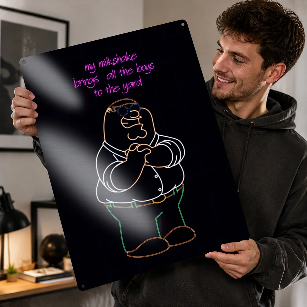 Peter Griffin Milkshake Neon Art Personalized 3D Textured Metal Poster Wall Art Vintage Tin Signs for Home Decor Ornaments Items