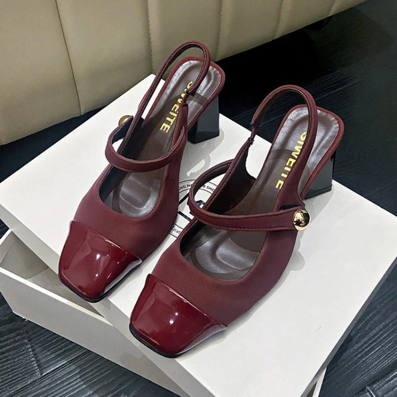 Summer Genuine Leather Toe Block Heel Mary Jane Shoes Women's High Heels Fashion Women's Shoes Comfortable and Elegant Sandals