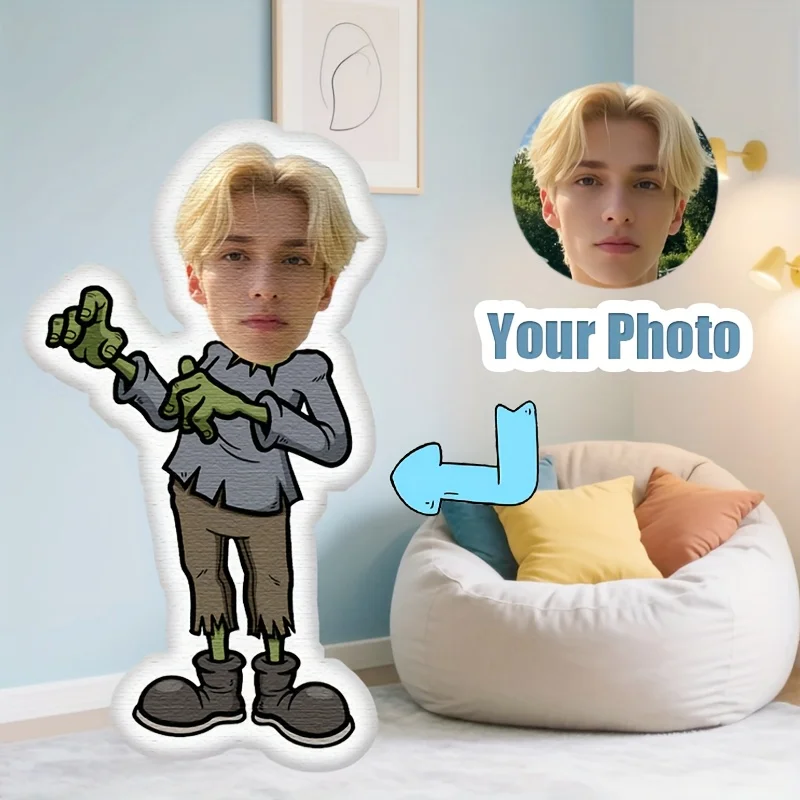 A customized zombie pillow with personalized facial and body design, double-sided digital printing, hidden zipper, perfect gift
