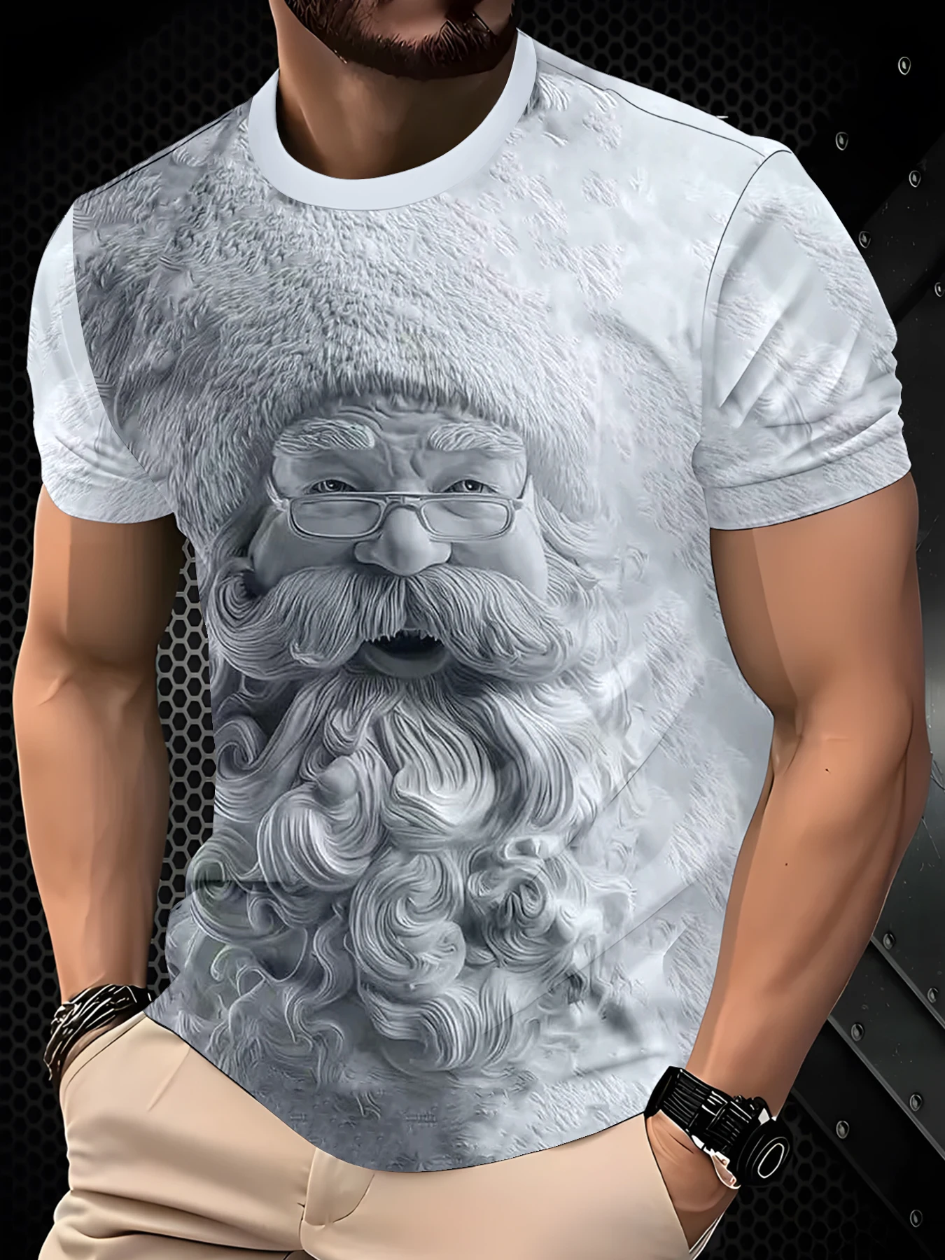 Men Crew Neck Tee With Full Print Monochrome Big Beard Santa Graphic