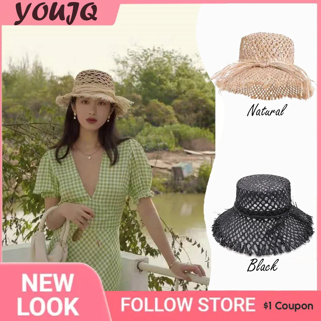 French Women Summer Sun Hat Natural Raffia Hollow Out Style Lady Handmade Wide Brim Hat Beach Cap Straw Fedora Chapeu Feminino