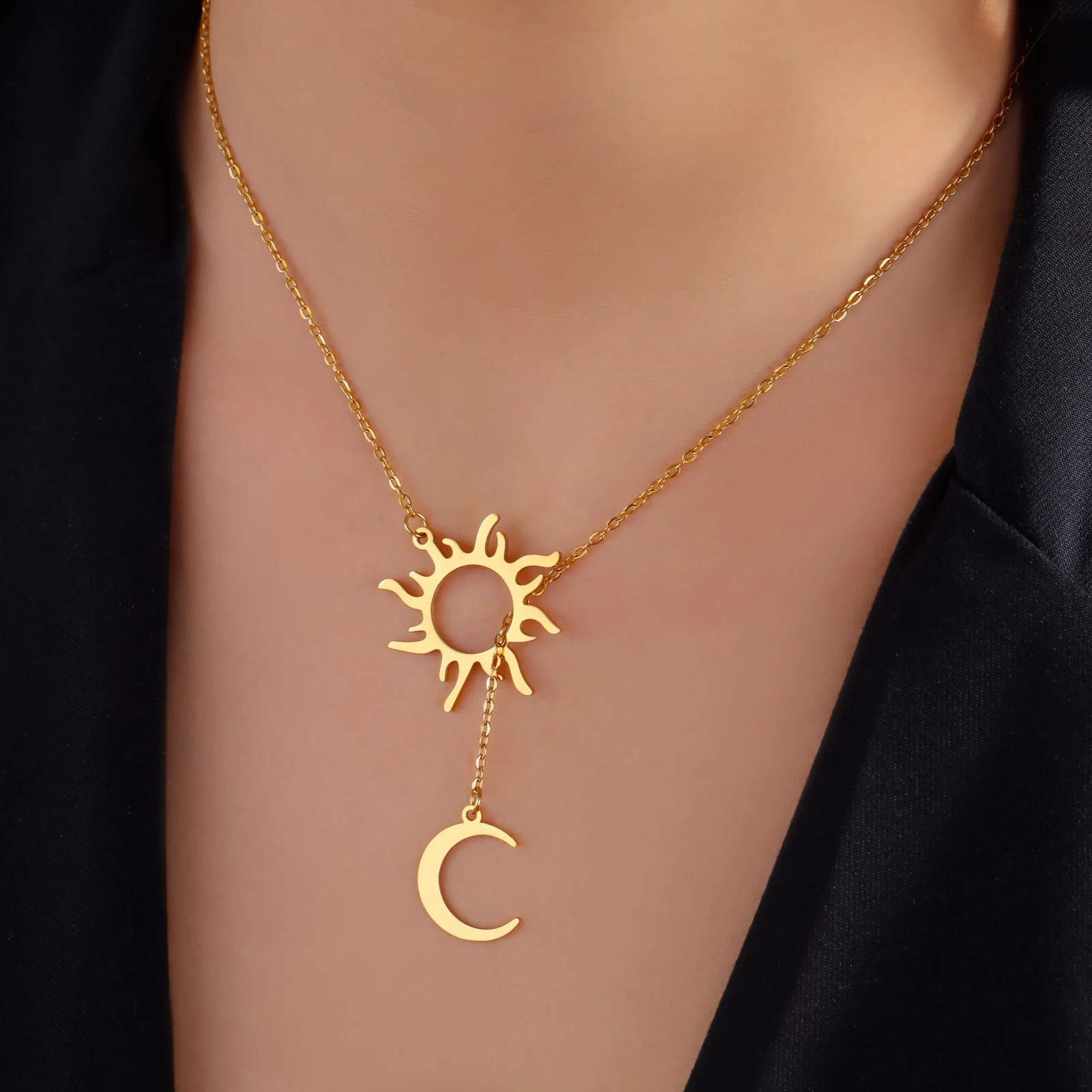 COOLTIME Sonne Mond Anhänger Halskette Edelstahl Böhmischer Halsband Mode Amulett Schmuck Geschenk für Frauen Neu im Großhandel – Detail 10