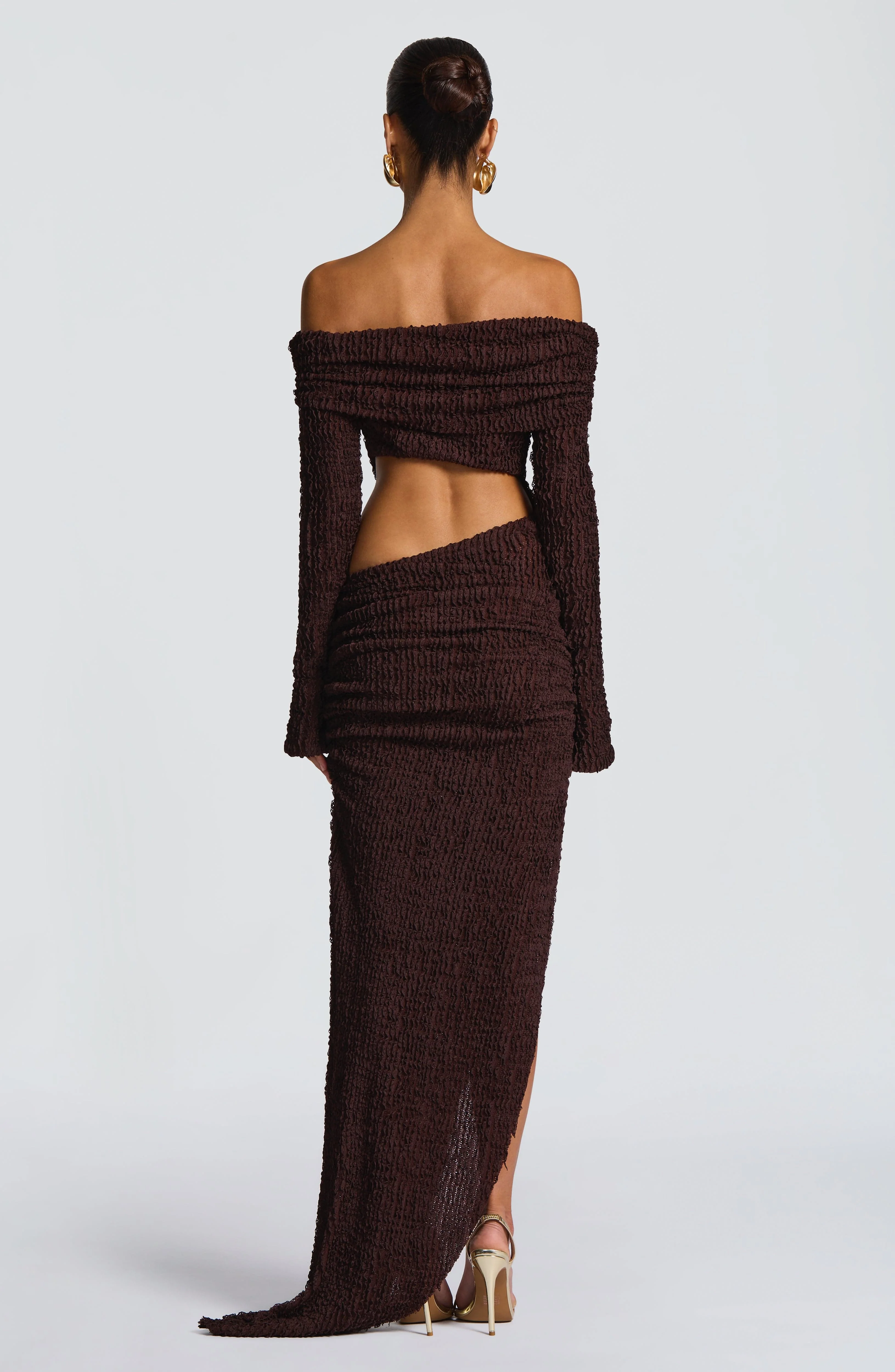 Off Shoulder Long Sleeve Women Dresses Crinkle Textured Waist Cut Out Maxi Dress High Thigh Slit Ruched Evening Outfit