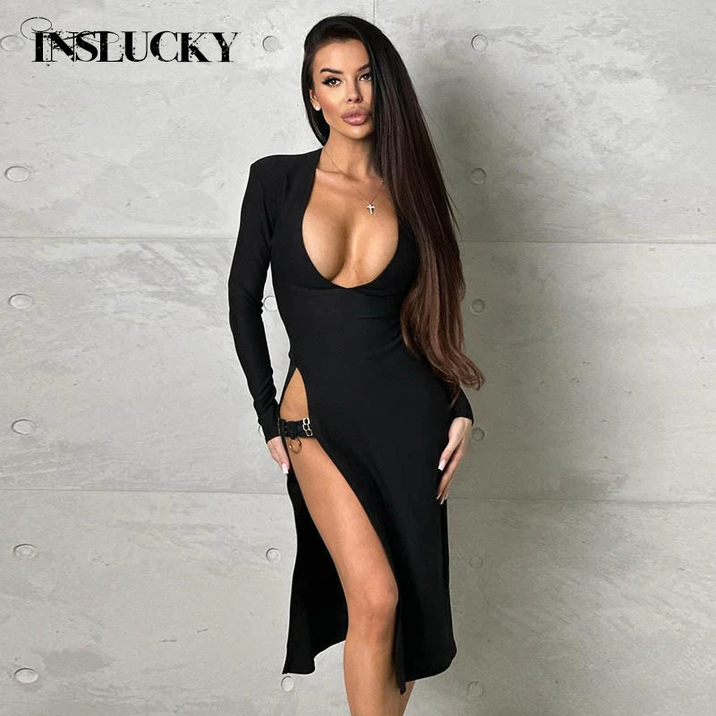 InsLucky Sexy Solid High Slit Deep V Sexy Long Sleeve Dress For Women Fashion Elegant Club Party Female Midi Dresses Clothing