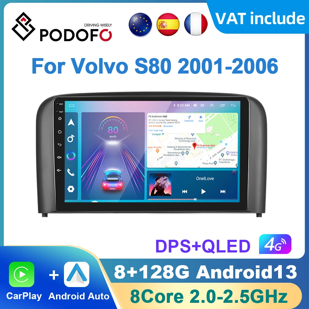 Podofo AI Voice Android Carplay Car Radio For Volvo S80 2001-2006 Android Auto 4G Multimedia Player GPS Navigation RDS Radio