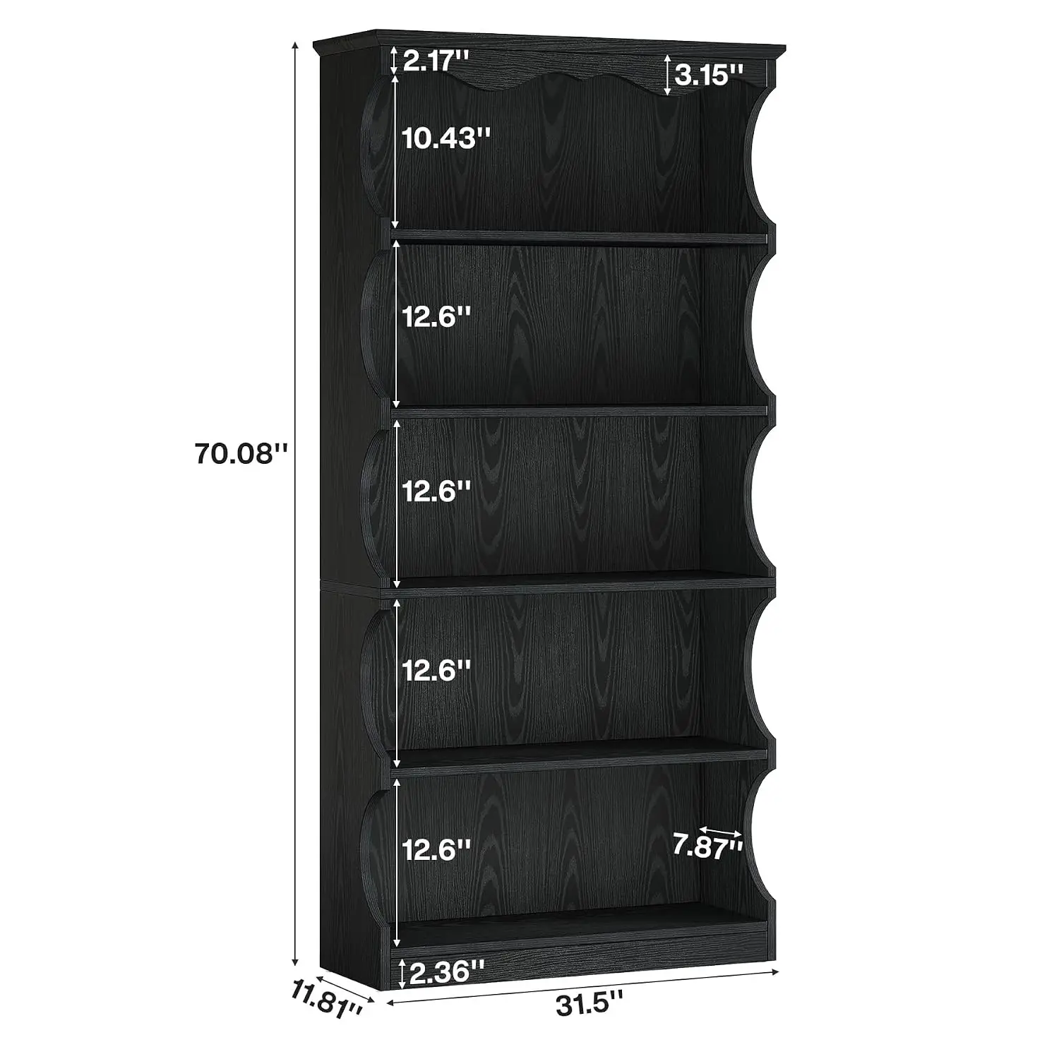70-Inch 5-Tier Wooden Bookcase Curved-Edge Open Display Shelf Living Room Home Office, Customized