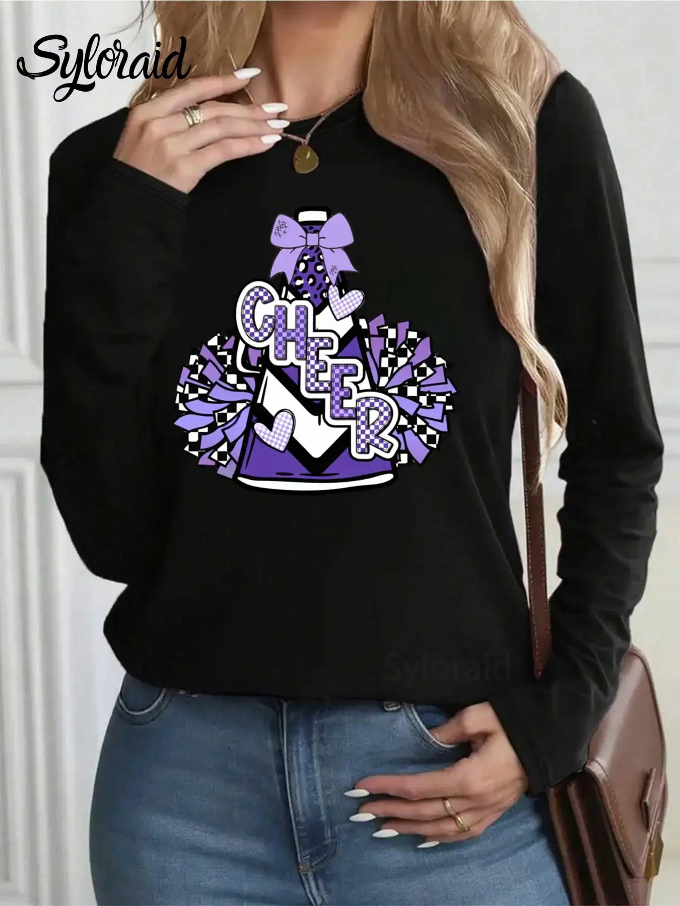 レディース長袖Tシャツ パープル チアリーダーボウTシャツ チアコーチシャツ ファッション ラウンドネック カジュアルトップ