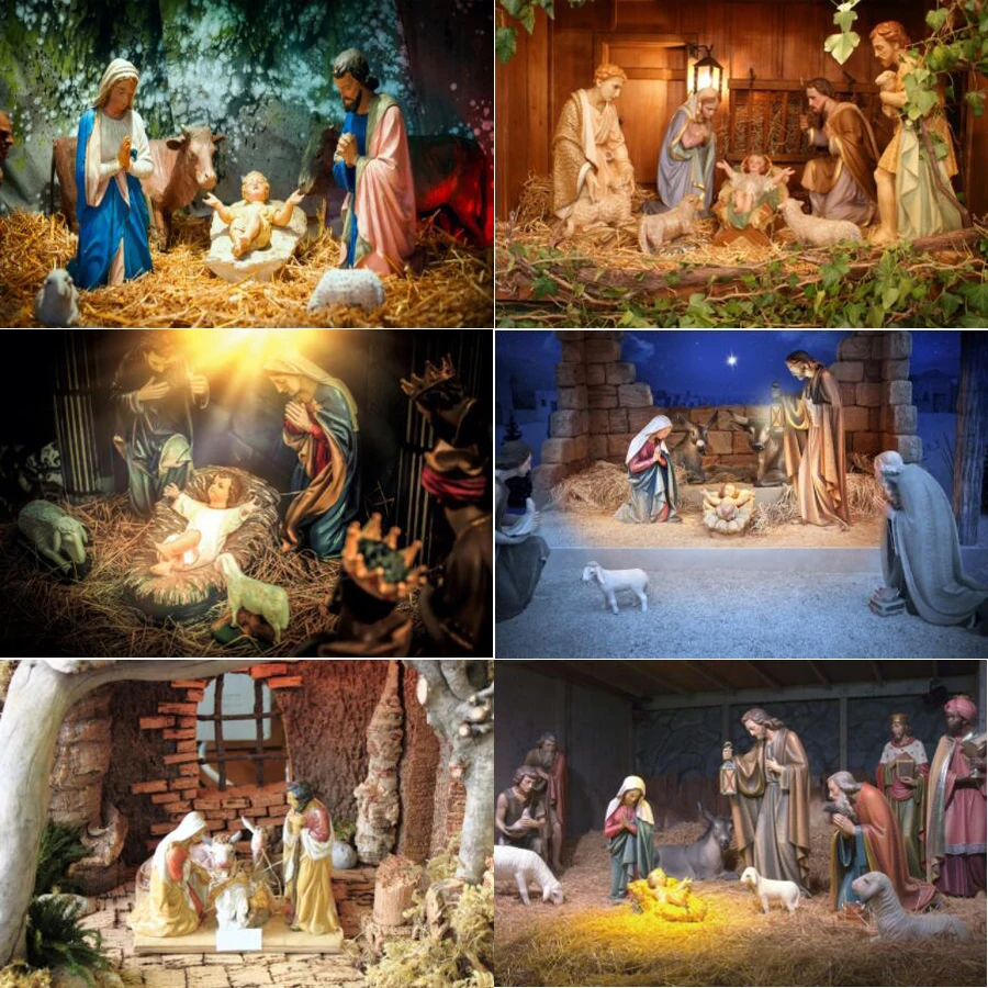 Fondos de fotografía presépio Jesús nacimiento buey ovejas pastor cobertizo decoración de fiesta festivales de Navidad foto fondo Banner