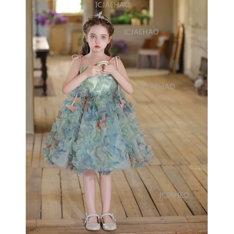 2026 Children Girls Green Sleeveless Strapless Gown Kids Birthday Princess Dress Flower Girl Piano Performance Pageant Costume