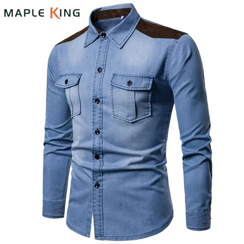 Camisa vaquera para hombre 2018, camisa vaquera de algodón informal de manga larga para hombre, camisas ajustadas de ante a juego con bolsillos