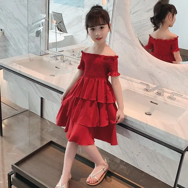 New Summer Girls Dress Chiffon Strapless Princess Dresses One-shoulder Prom Girls Dresses for Kids 12 10 8 7 6 5 4 3 2 Years Old