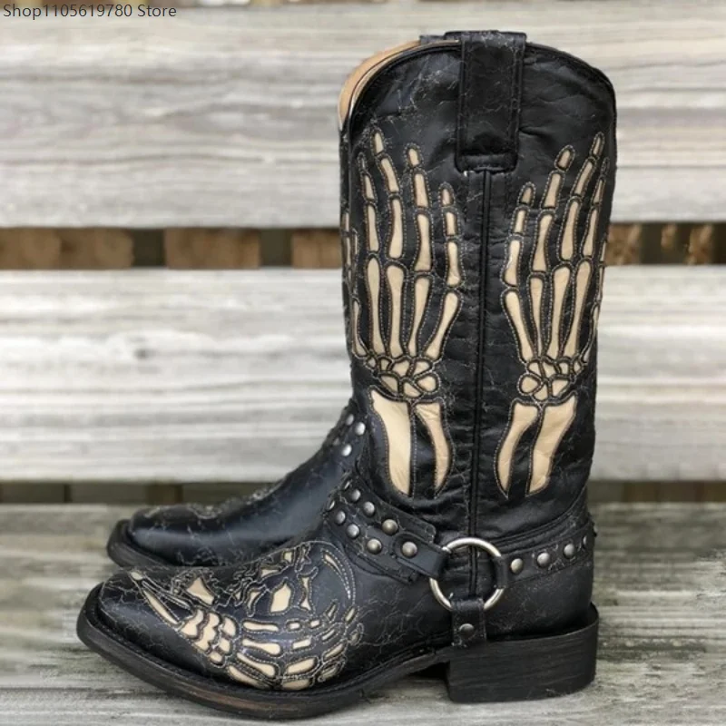 Skull Totem Knight Boots Men/Women Retro Square Toe Chunky Heel Slip On Belt Buckle Knee High Boots Black Fashion Design Boots