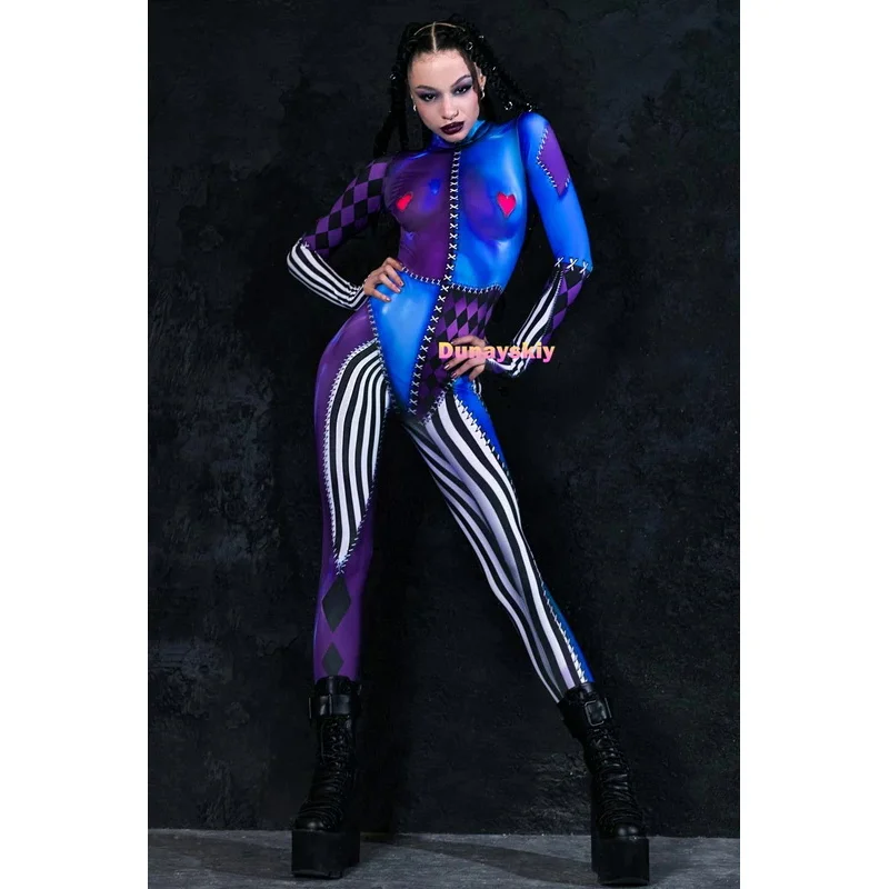 Traje Cosplay Palhaço para Mulheres, Bodysuit Zentai, Catsuit, Macacão, Dia das Bruxas, Sexy, 3D Impresso, Feriado, Carnaval, Roupa Feminina