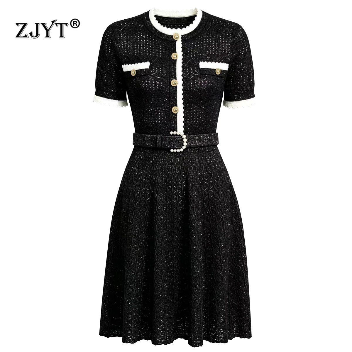 ZJYT Summer Fashion Knitted Sweater Dresses for Woman 2026 New Elegant Short Sleeve Hollow Out Casual Blue Dress Female Vestido