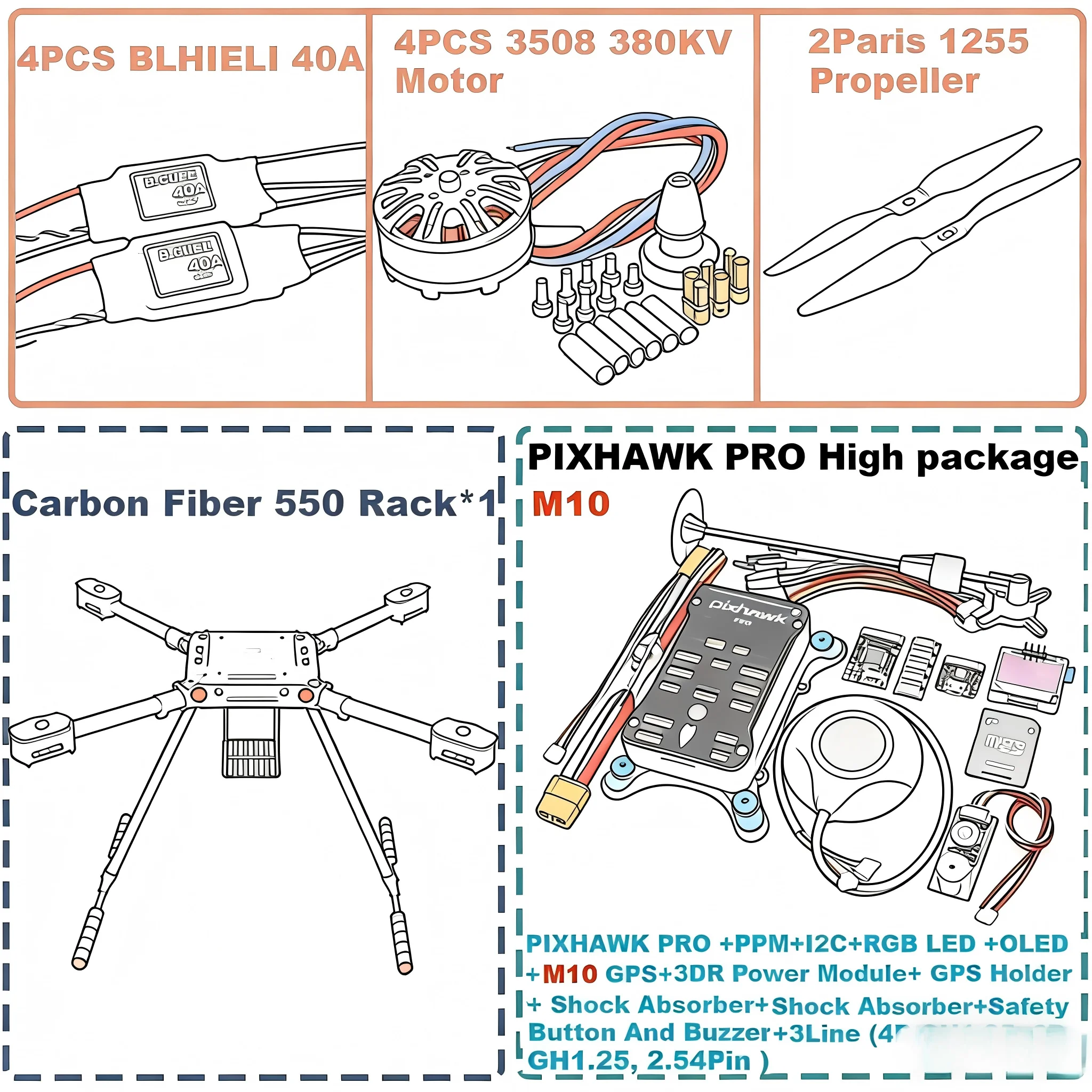 

DroneHub F550 NEW PIXHAWK PRO 32-bit flight controller autopilot M8N/M9N/M10 carbon fiber quadcopter 40A ESC 3508 380KV motor