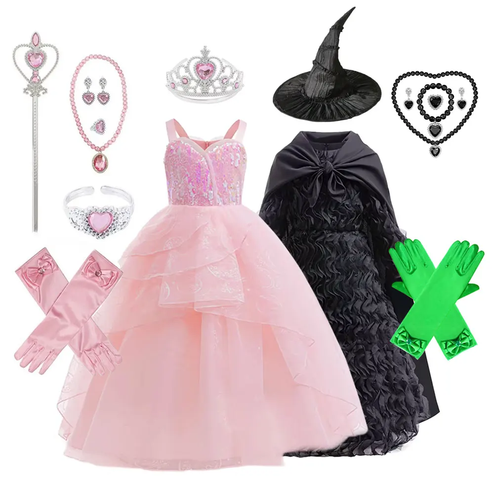 

Movie Wicked Elphaba Glinda Witches Cosplay Costume Dress Cloak Wand Hat Sets for Girls Kids Outfit Halloween Carnival Clothes