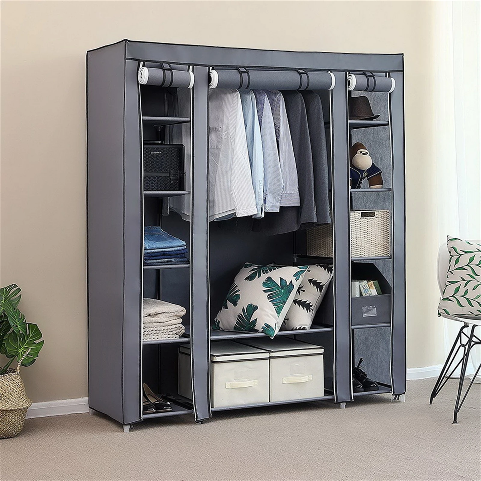 

"69" Portable Non-Woven Clothes Closet Organizer, Quick Assemble, Extra Strong & Durable, Gray Storage Wardrobe.