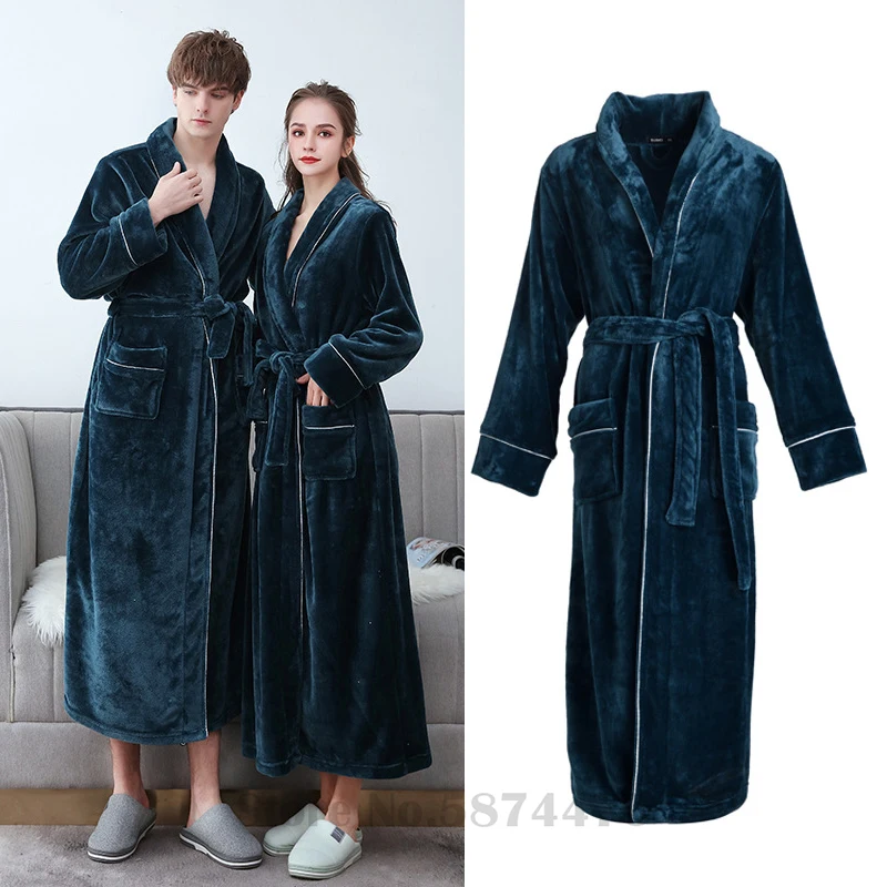 

Thickened Plush Couple Robe Bathrobe Autumn Winter Flannel Nightwear Men's Extended Large Coral Fleece Nightgown Women Sleepwear