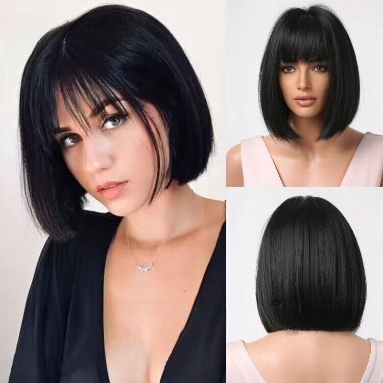 short hair female  black in tight bangs summer breathable straight hair wig