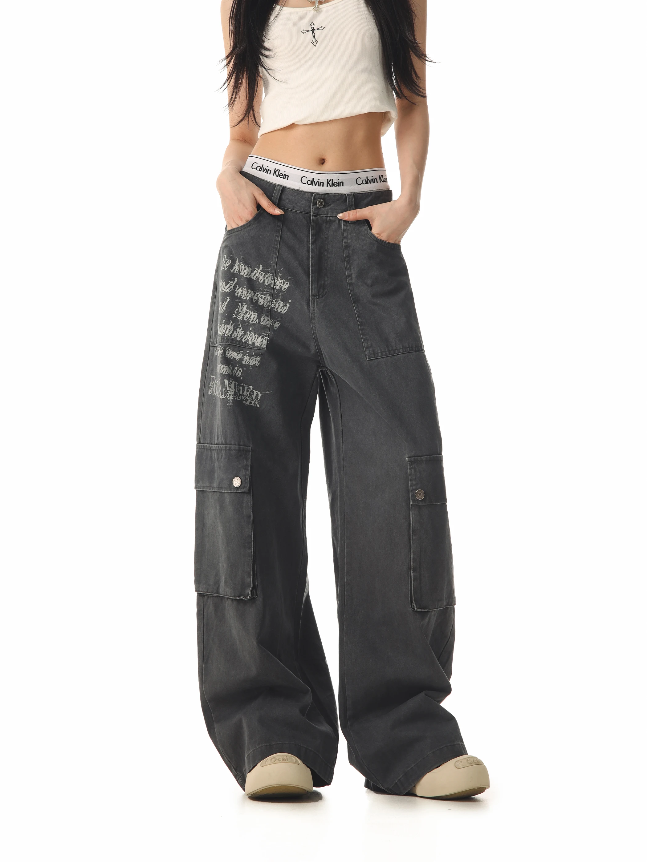 

Vintage American Letter fiti Multi-ket Work Trousers Women Loose Straight Casual Long Pants Trendy Cotton l Wais...