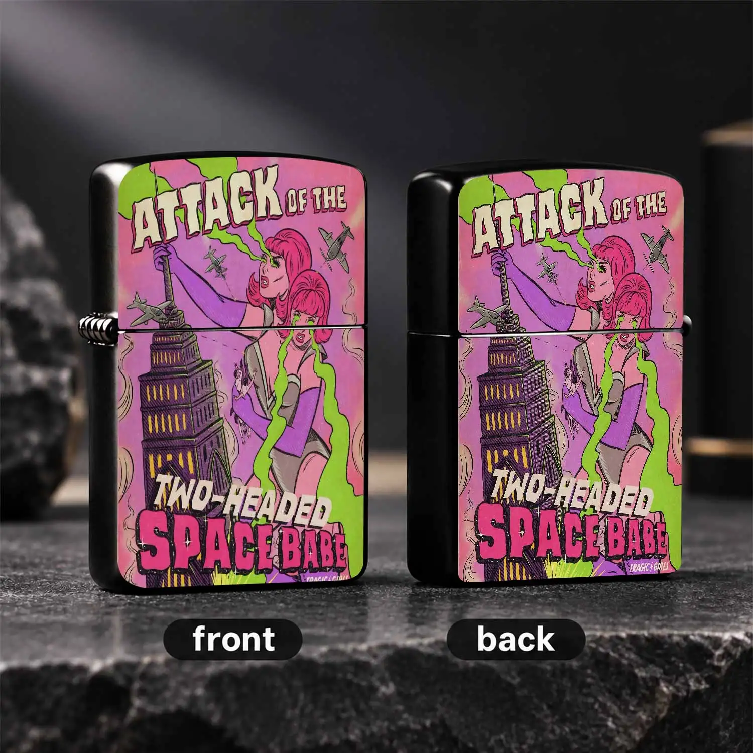 Retro Attack Of The Two-Headed Space Babe Themed Lighter, Fun Vintage Comic Style Portable Igniter, Eye-Catching Unique Collectible Decor Accessory, Ideal For Daily Commute, Outdoor Trips, All Scenarios, Novelty Cool Gift For Your Friends I