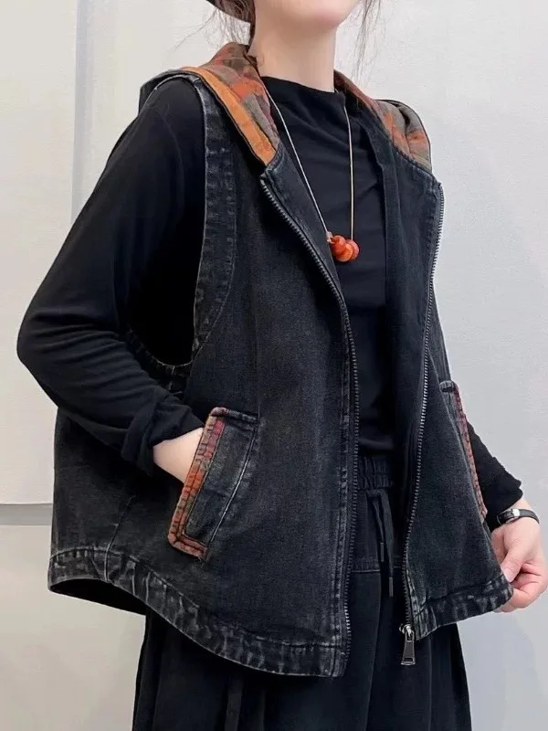

Waed Denim ort Jaet Женская свободная универсальная блузка с капюшоном, цветная блузка, винтажная застежка-молния, цвет Jaet
