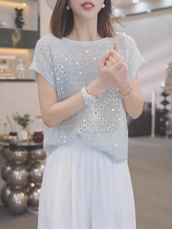 

Летний женский топ оверсайз из трикотажа с пайетками, светло-голубой, свободного кроя, европейский стиль, яркий