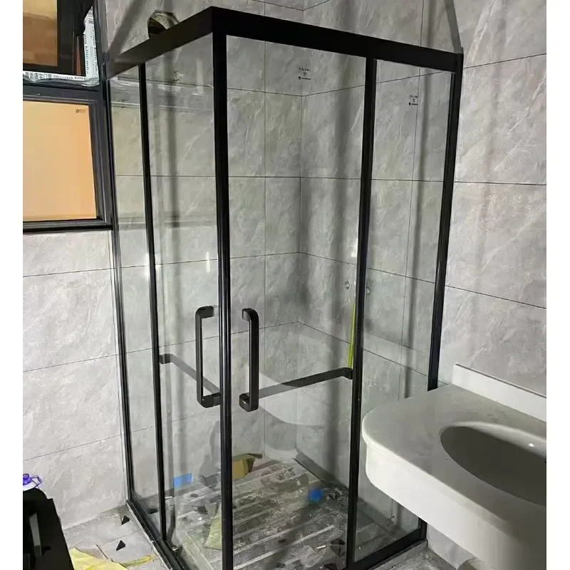 Brushed Black Square Aluminum Sliding Shower Door Frameless Walk In Glass Partition For Hotel Bathroom Modern Minimalist