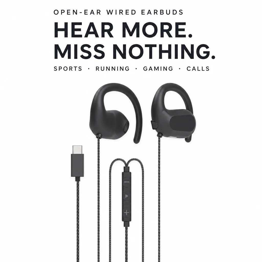 Open Ear Clip On Earphones Wired Earbuds for Sports Running Gaming with Microphone