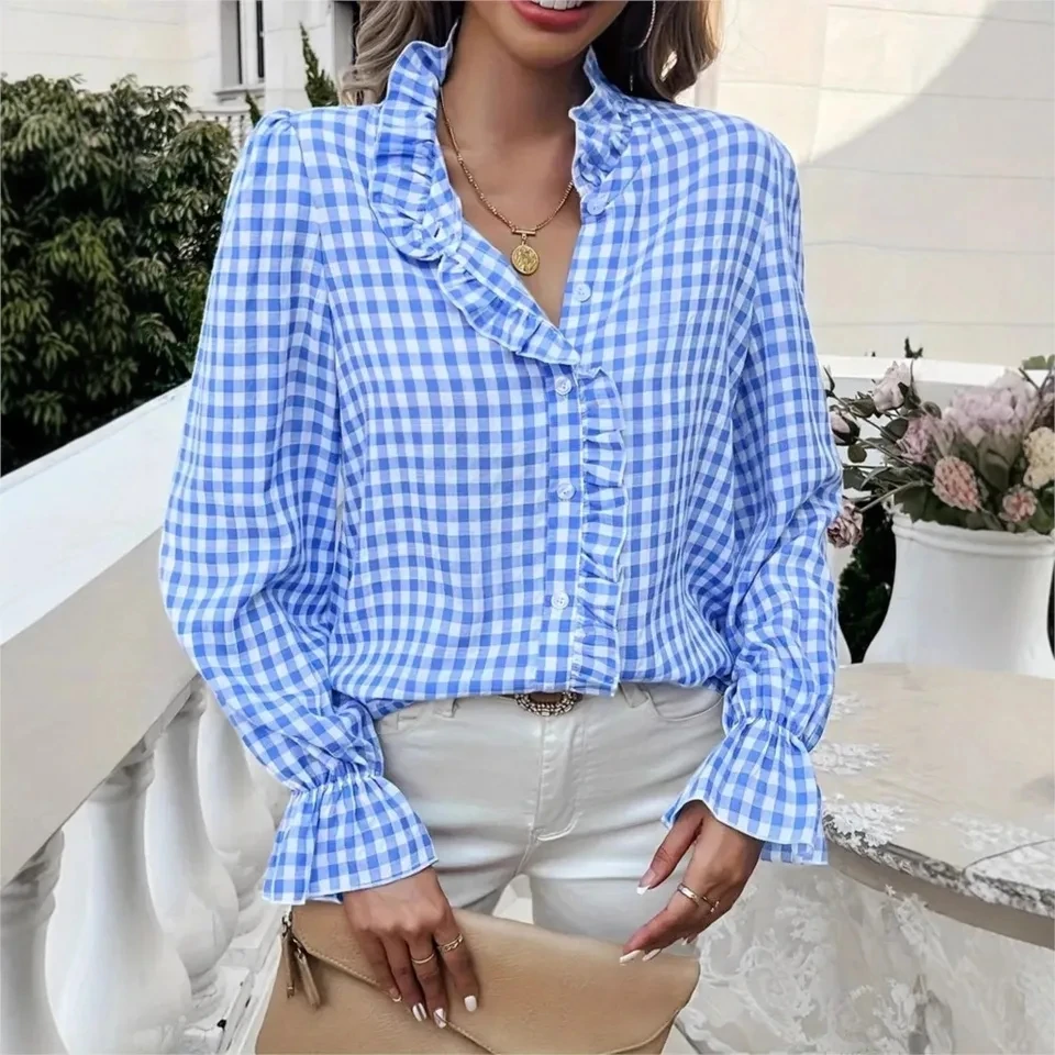 

Fungus Stand Collar Plaid Long-sleeved Shirt Women Spring Autumn Casual Loose Single-breasted Female Versatile Shirt Tops